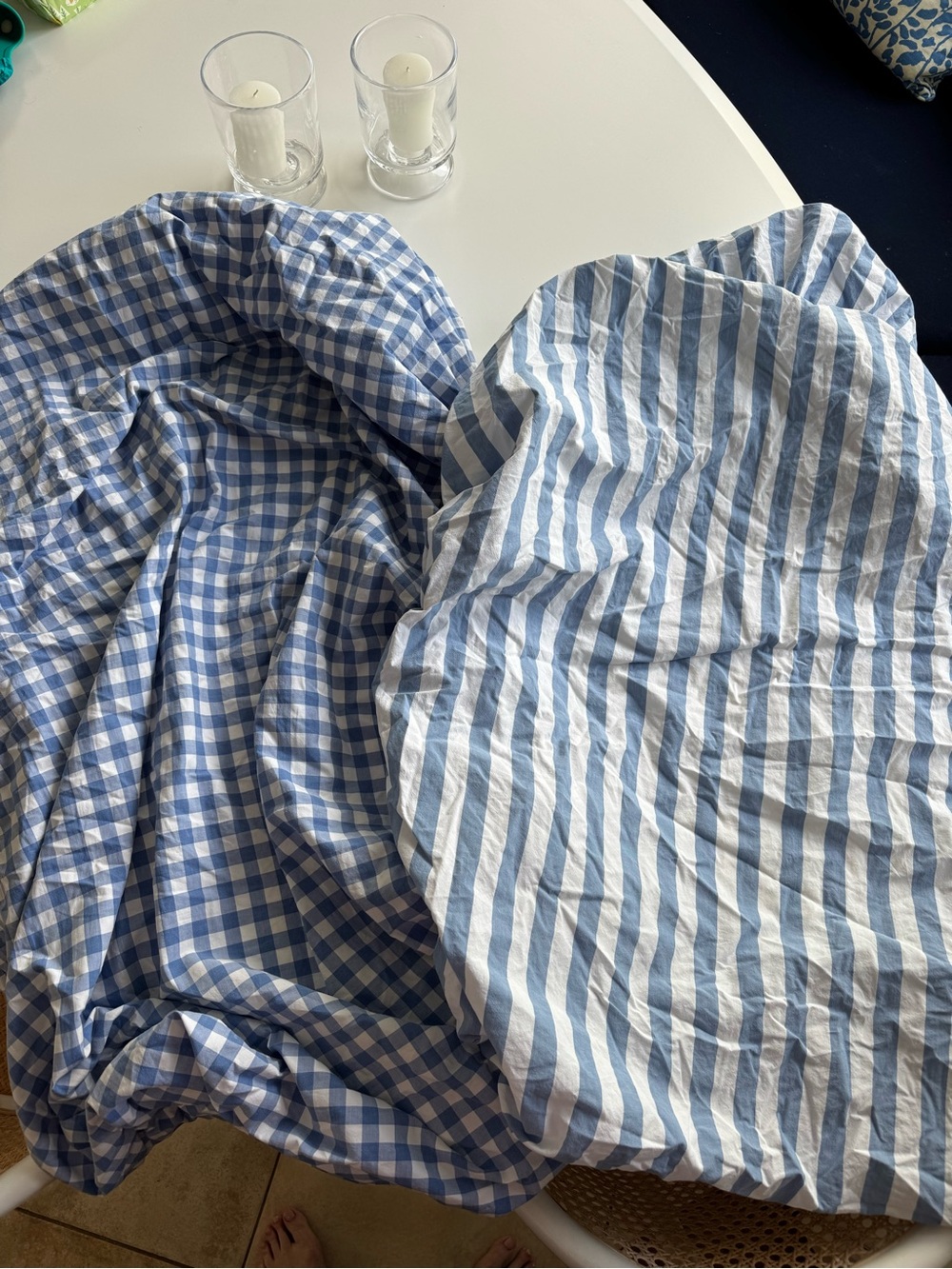 Serena & Lily Like New - Blue Gingham and Blue Stripe Crib Sheets